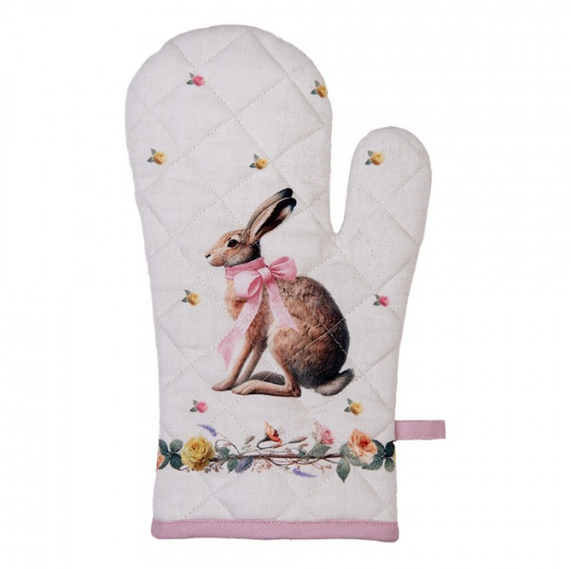 Guanto forno in cotone decorato con lepre con fiocco rosa in ghirlanda, perfetto come regalo di Pasqua